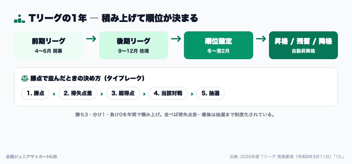 Tリーグの1シーズンの流れ:前期・後期の積み上げで順位が決まり、昇格・残留・降格が分かれる